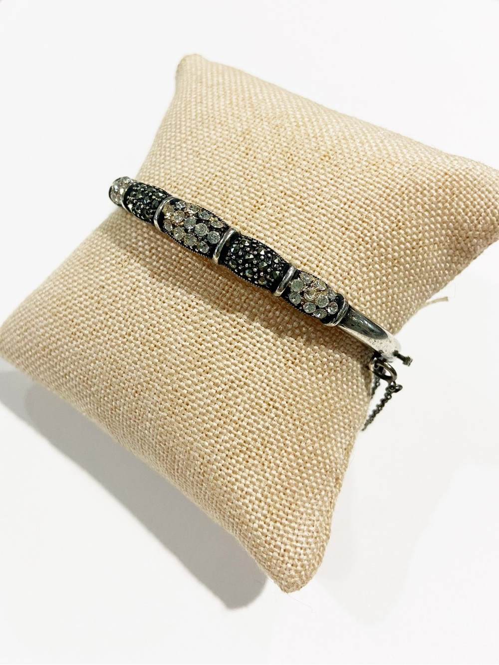 Sterling Silver White and Gray Rhinestone Opening Bangle with Safety Clasp